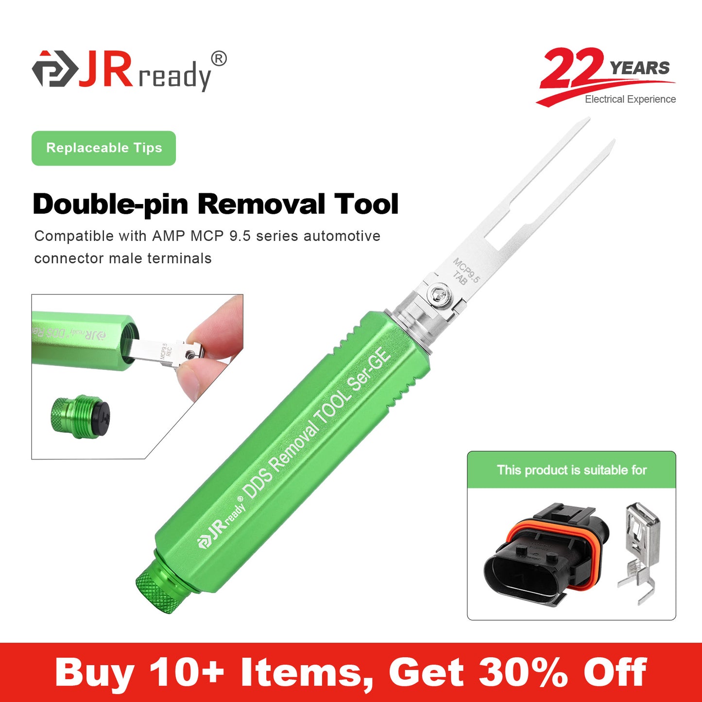 JRready JRDDS-MCP9.5TAB-01/ JRDDS-MCP9.5TAB-07 Strumento di estrazione terminale a doppio pin per terminali maschio dei connettori automobilistici serie AMP MCP 9.5 