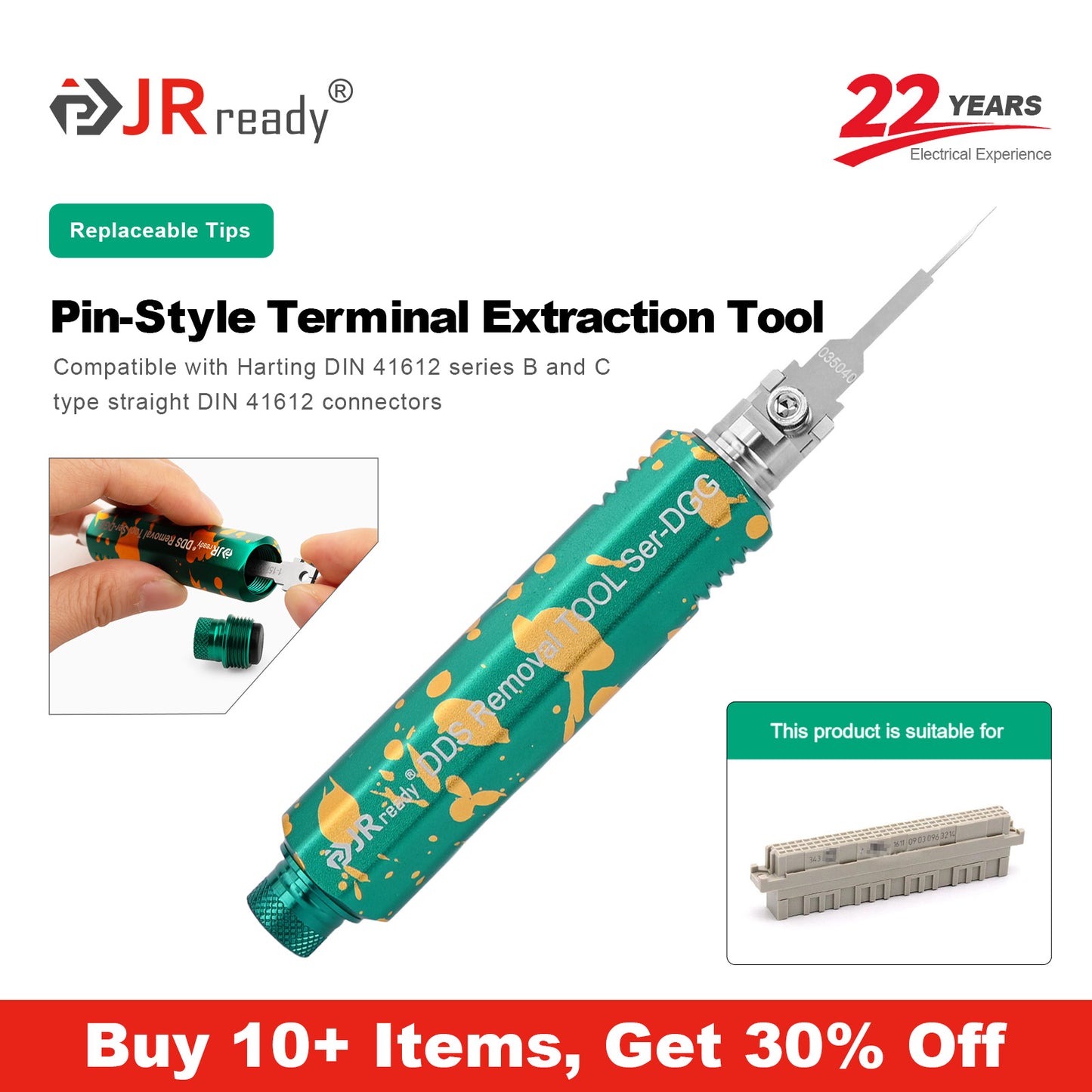 JRready JRDDS-N035040-01/ JRDDS-N035040-07 Single-Pin Terminal Extraction Tool for industrial data transmission connectors - DIN 41612 Eurostyle Type B/C connectors