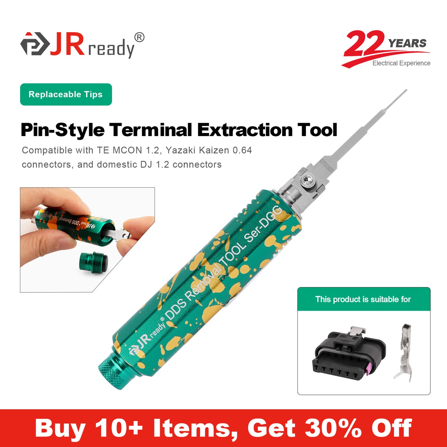 JRready JRDDS-N070065-01/ JRDDS-N070065-07 Strumento di estrazione terminale a pin singolo per connettori TE MCON 1.2, Yazaki Kaizen 0.64 e connettori domestici DJ 1.2 