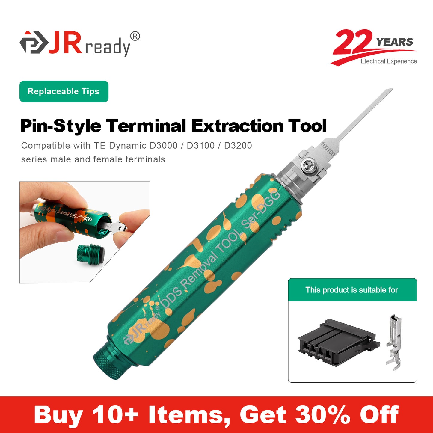 Strumento di estrazione terminale a pin singolo JRready JRDDS-N160100-01/ JRDDS-N160100-07 per connettori TE Connectivity Dynamic serie 3000/3100/3200 (passo 5,08 mm) 
