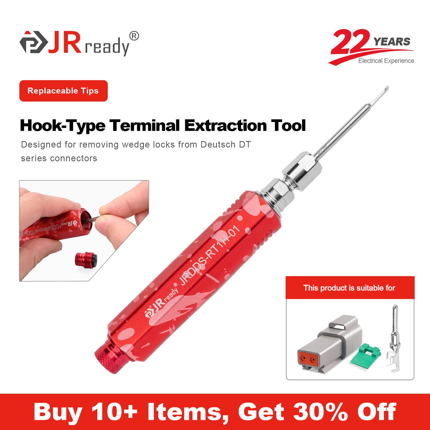 Strumento di estrazione dei terminali a pin JRready JRDDS-RT1H-01/ JRDDS-RT1H-03 per l'estrazione dei blocchi a cuneo dei connettori della serie Deutsch DT 