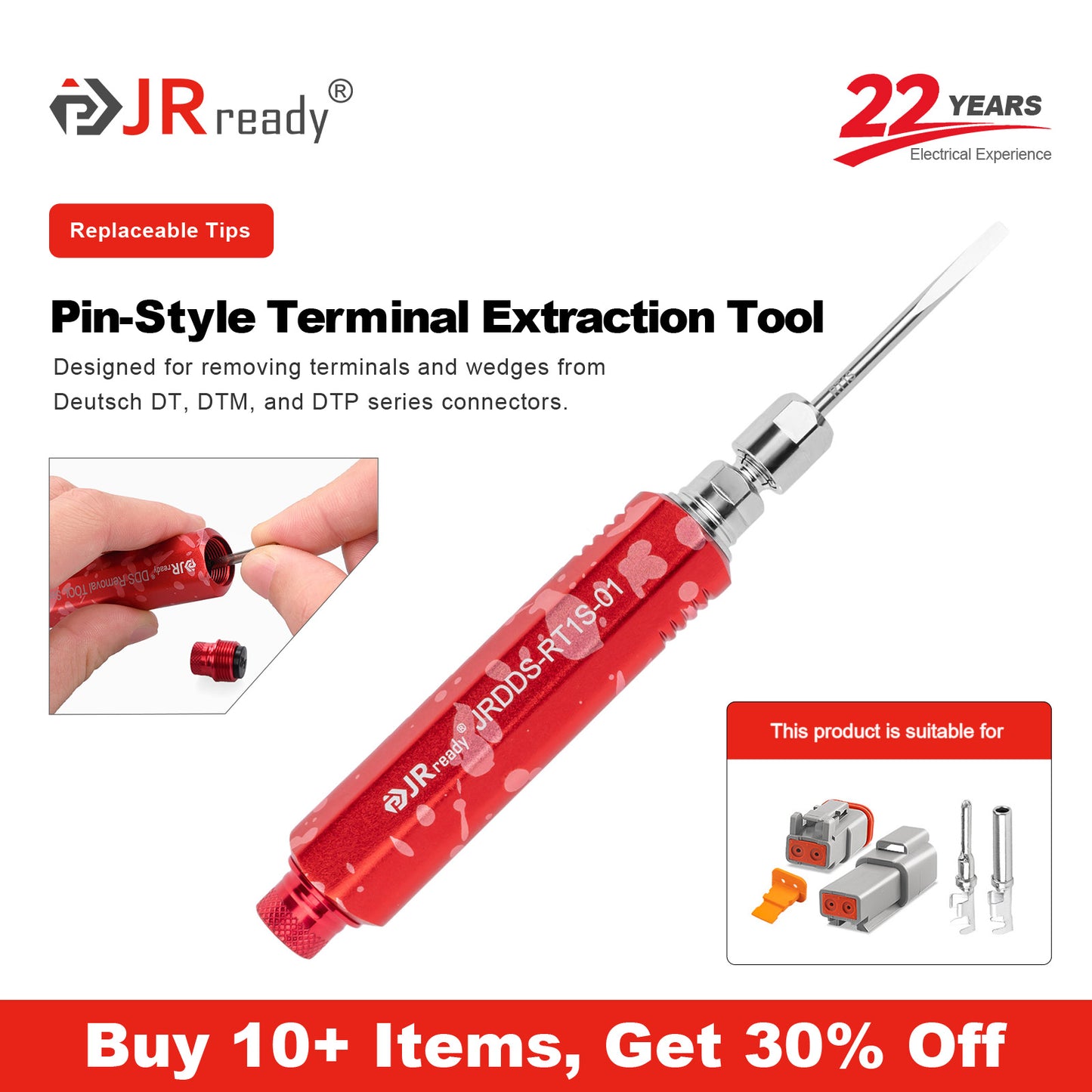 Strumento di estrazione dei terminali a pin JRready JRDDS-RT1S-01/ JRDDS-RT1S-03 per l'estrazione dei terminali e dei blocchi a cuneo dei connettori Deutsch serie DT, DTM, DTP 