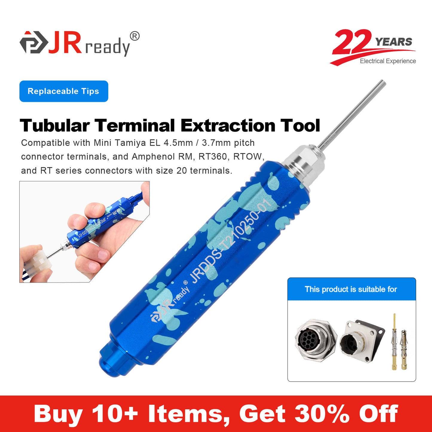 JRready JRDDS-T210250-01/ JRDDS-T210250-04 Strumento di estrazione terminale tubolare per terminali connettore Tamiya Mini EL passo 4,5 mm/3,7 mm e terminali Amphenol RM, RT360, RTOW, serie RT 20#