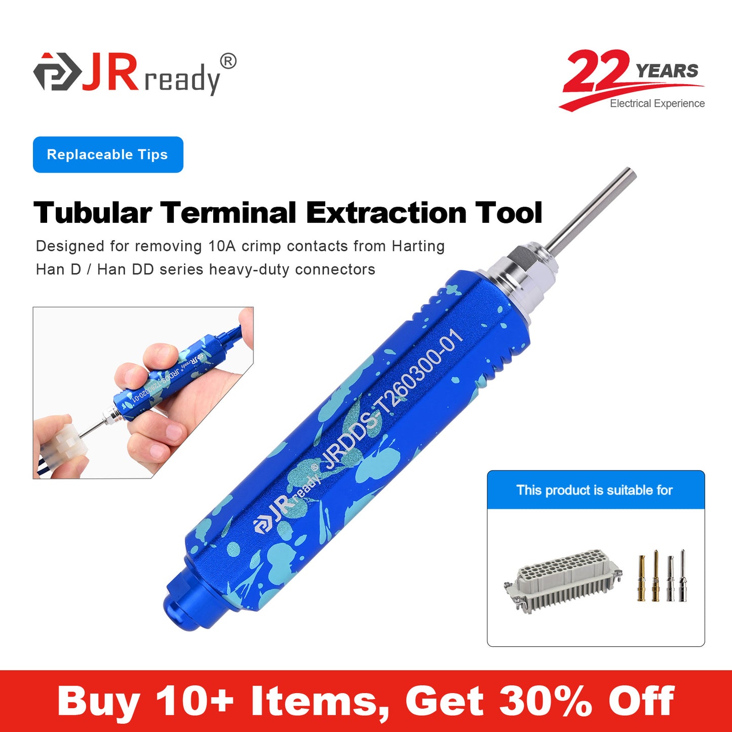 JRready JRDDS-T260300-01/ JRDDS-T260300-04 Strumento di estrazione per terminali tubolari per terminali femmina Molex serie 5557 passo MX3,0 mm e alloggiamento maschio 43025