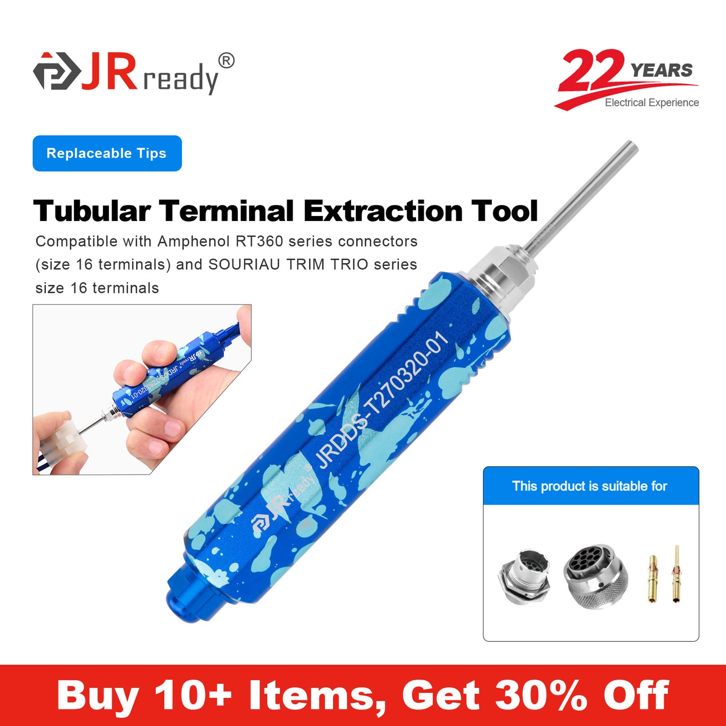 Strumento di estrazione per terminali tubolari JRready JRDDS-T270320-01/ JRDDS-T270320-04 per connettori Amphenol serie RT360 (terminali da 16#) e serie SOURIAU TRIM TRIO (terminali da 16#) 