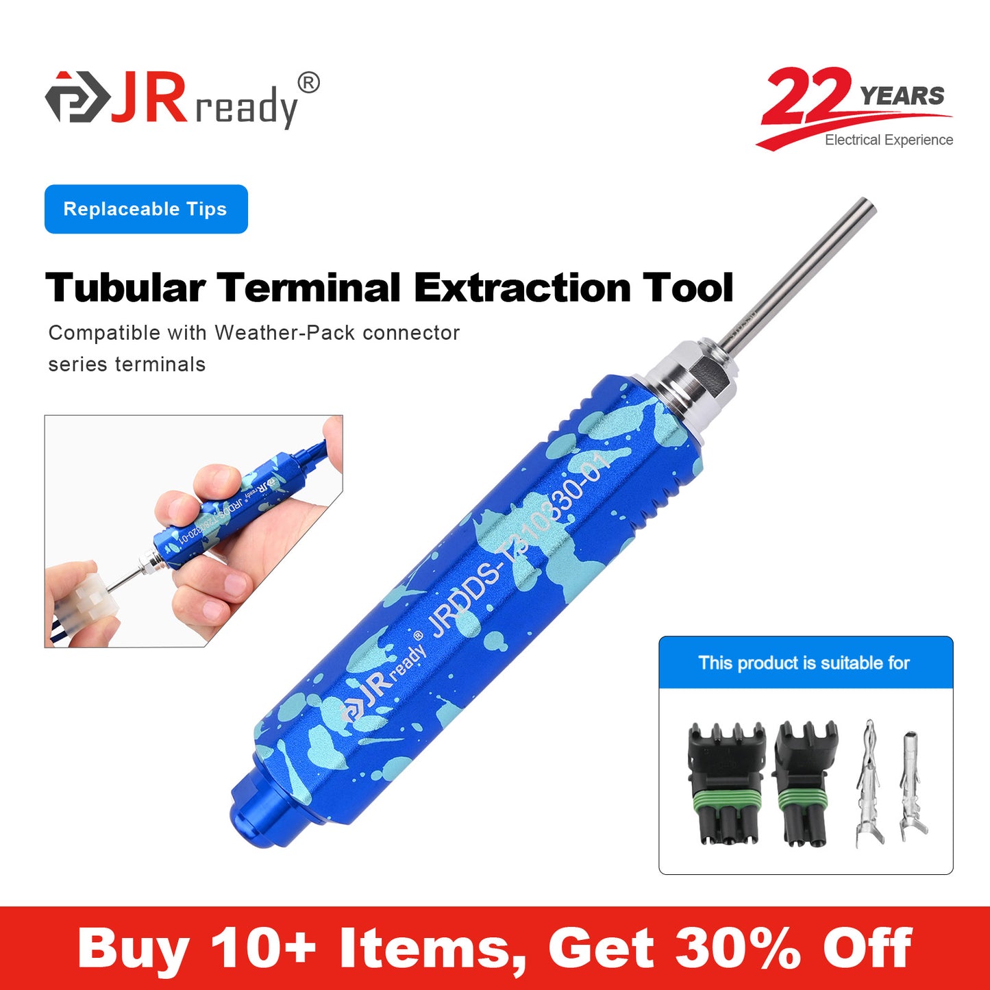 JRready JRDDS-T310330-01/ JRDDS-T310330-04 Strumento di estrazione del terminale tubolare per terminali nei connettori della serie Weather-Pack 