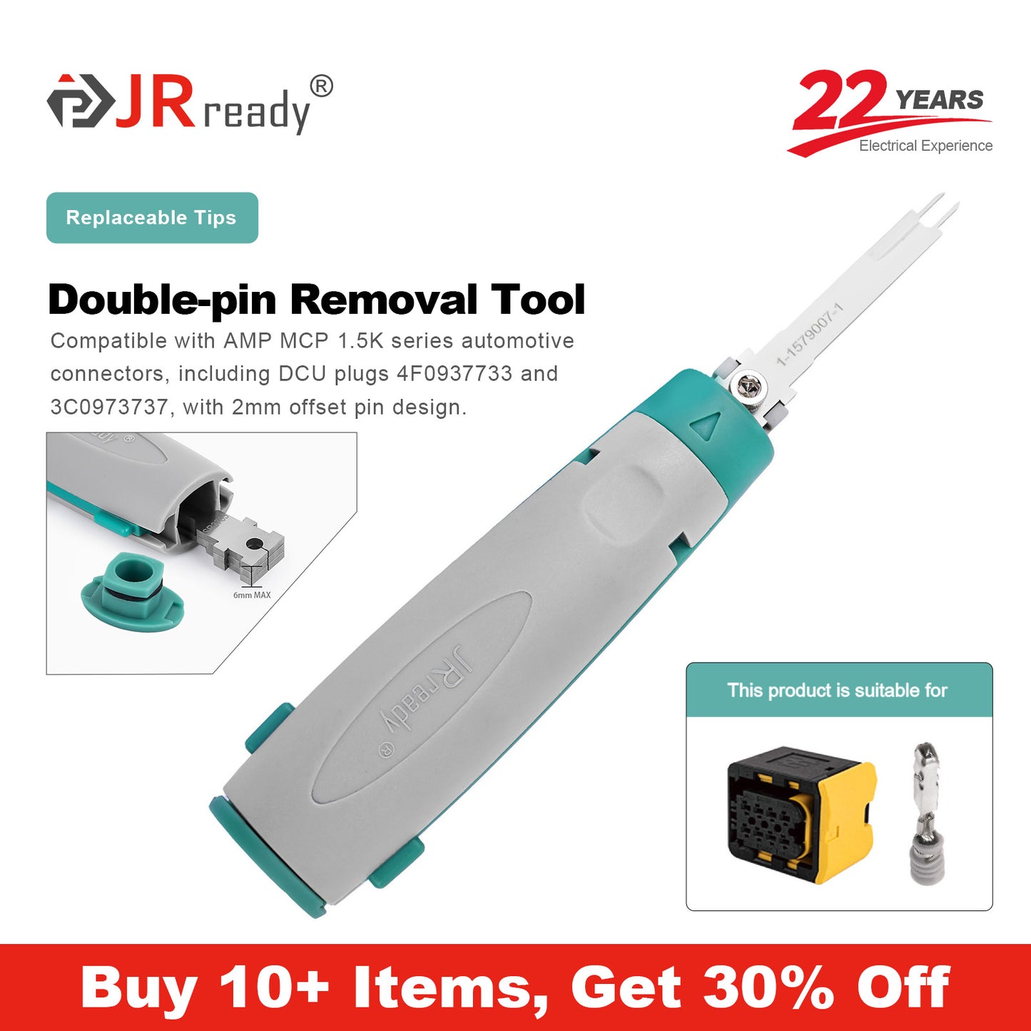 JRready JRconDRK-1-1579007-1 Ausziehwerkzeug für AMP MCP 1,5k, DCU-Stecker, 4F0937733, 3C0973737 Kfz-Steckverbinder mit 2-mm-Offsetbohrung