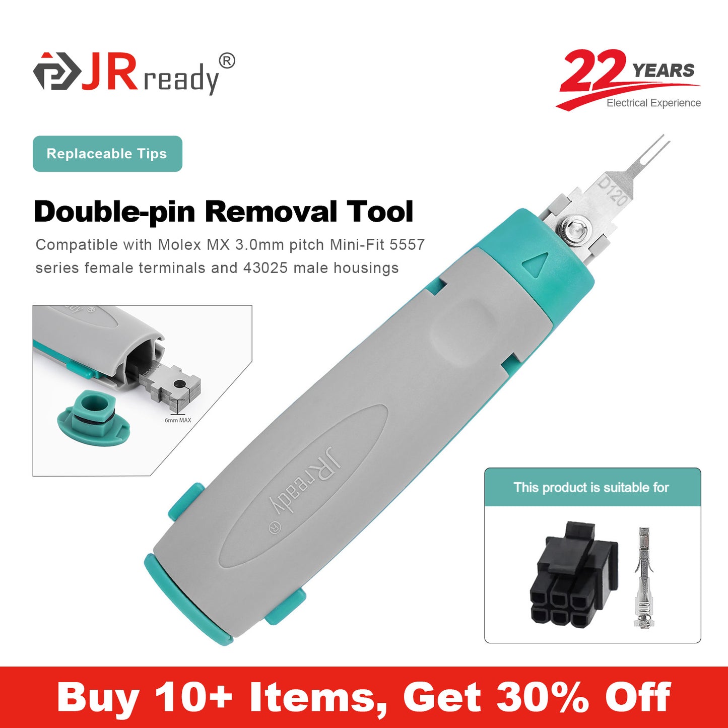 JRready JRconDRK-D120 Ausziehwerkzeug Molex MX3,0 mm Rastermaß, kleine 5557er Serie Buchsenklemme, 43025 Stecker