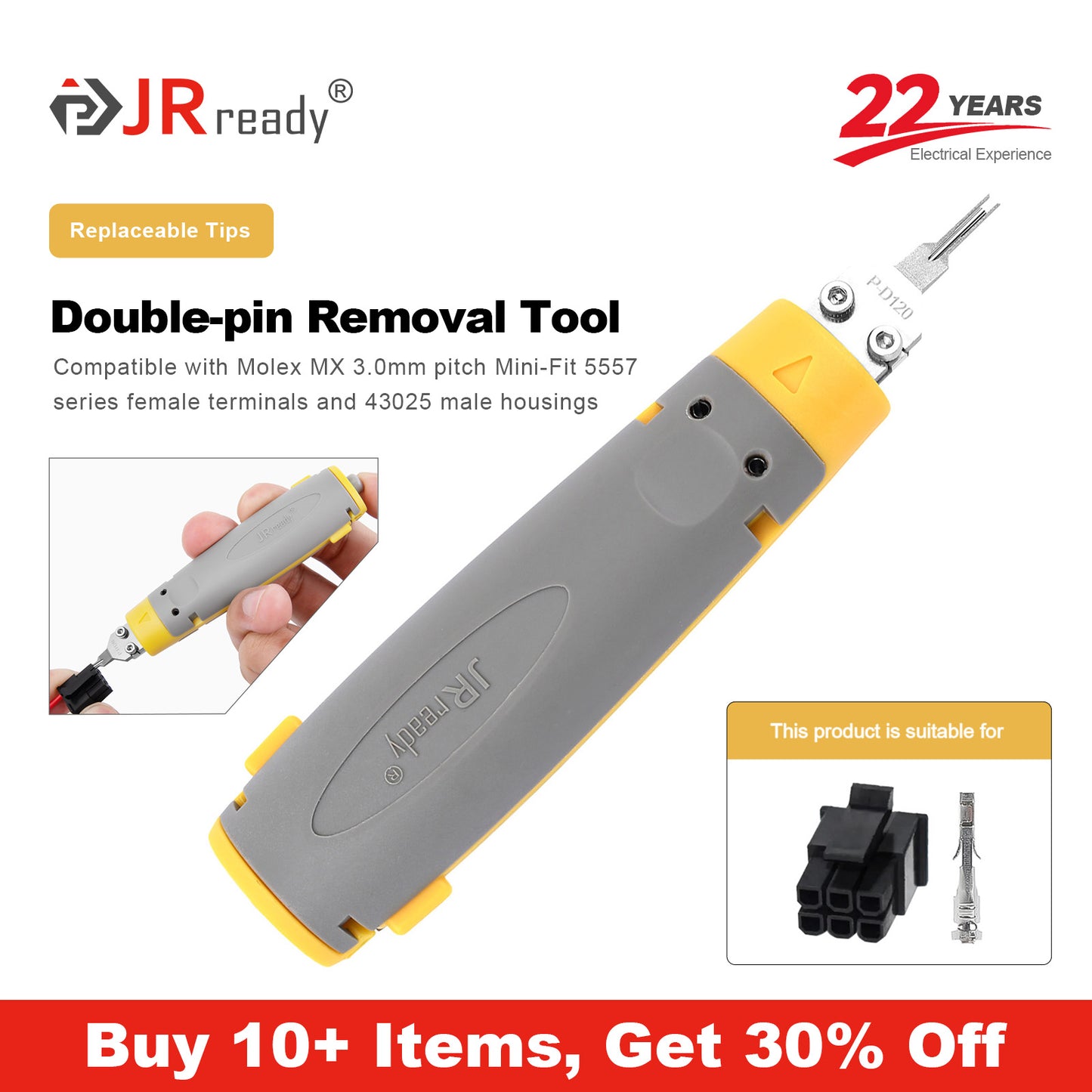 JRready JRconDRK-D120P Stiftausziehwerkzeug für Molex MX3,0 mm 5557 Buchsen und 43025 Steckergehäuse 