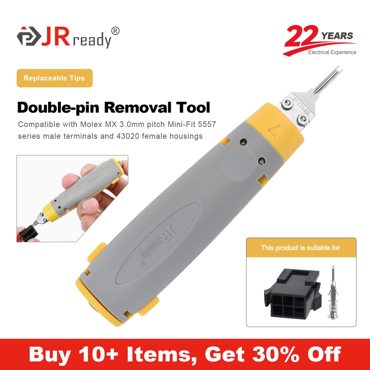 Estrattore terminale JRready JRconDRK-D145P per terminali maschi Molex MX3.0mm Pitch serie 5557 e alloggiamento femmina 43020 