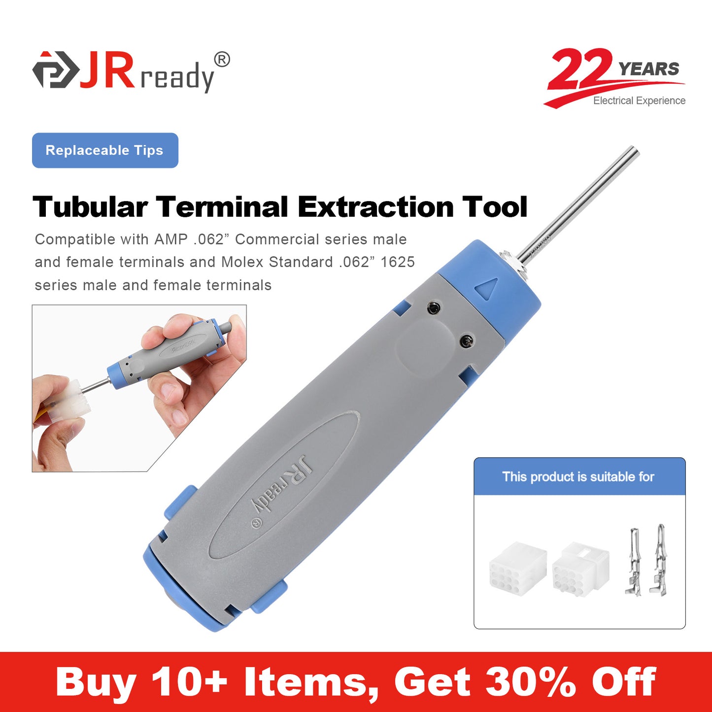 JRready JRconDRK-T220260 Ausziehwerkzeug für Molex Standard .062"1625 / AMP .062"Commercial, Molex 3.68 Rastermaß (5500 5600 Stecker/Buchse); 4.5mm Rastermaß Tamiya Mini Buchse &amp; Molex 8980 Stecker