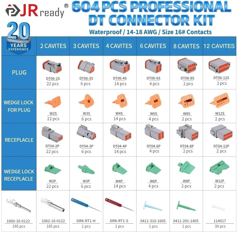 JRready 604PCS DT Deutsch Connector Kit, 2 3 4 6 8 12 Pin Gray DT Connectors, Size 16 Stamped Formed Contacts(14-18AWG)/ DT Connector Removal Tool, ST6315 Deutsch pin Connector kit.