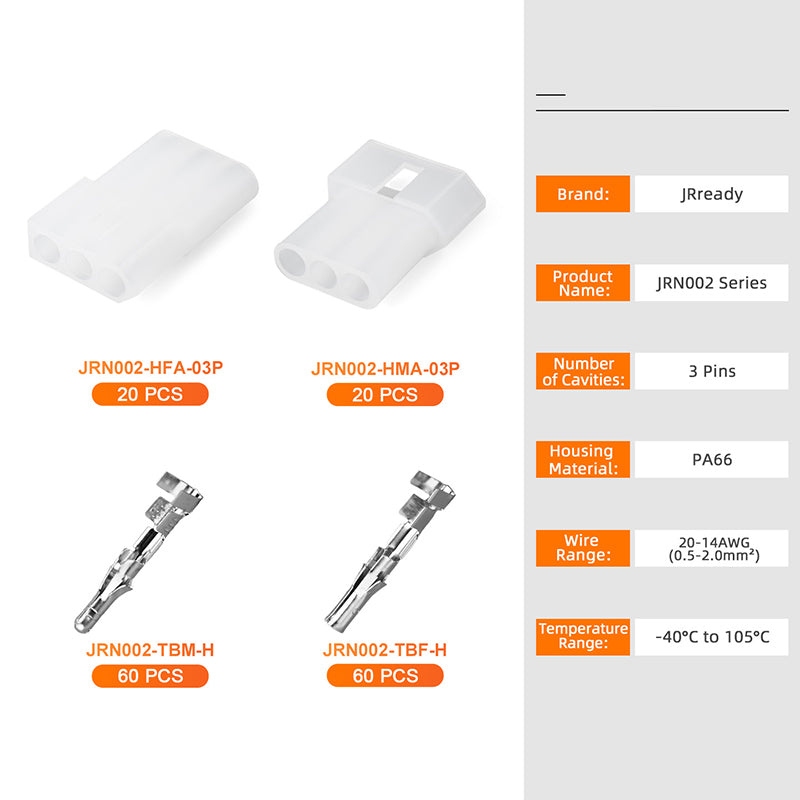 JRready JRN002 3 Pin Standard.093 Pin and Socket Connectors 3 Circuits (20 Matched Sets), 14-20 AWG, Compatible with Molex Standard.093 Male& Female Connector, 5.03 mm Pitch, Free Hanging