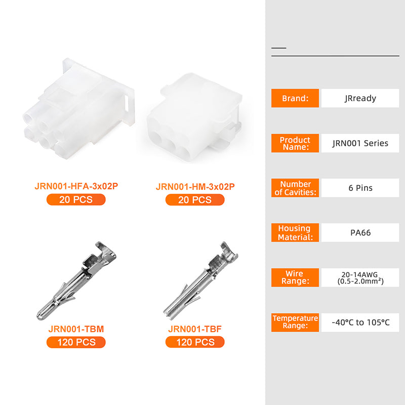 JRready MOLEX Connector JRN001 6 Pin (20Matched Sets), 2.13mm Diameter Sockets 14-20 AWG, Compatible with Molex MLX Power Connector, 6.35mm Pitch, Free Hanging(20 sets）