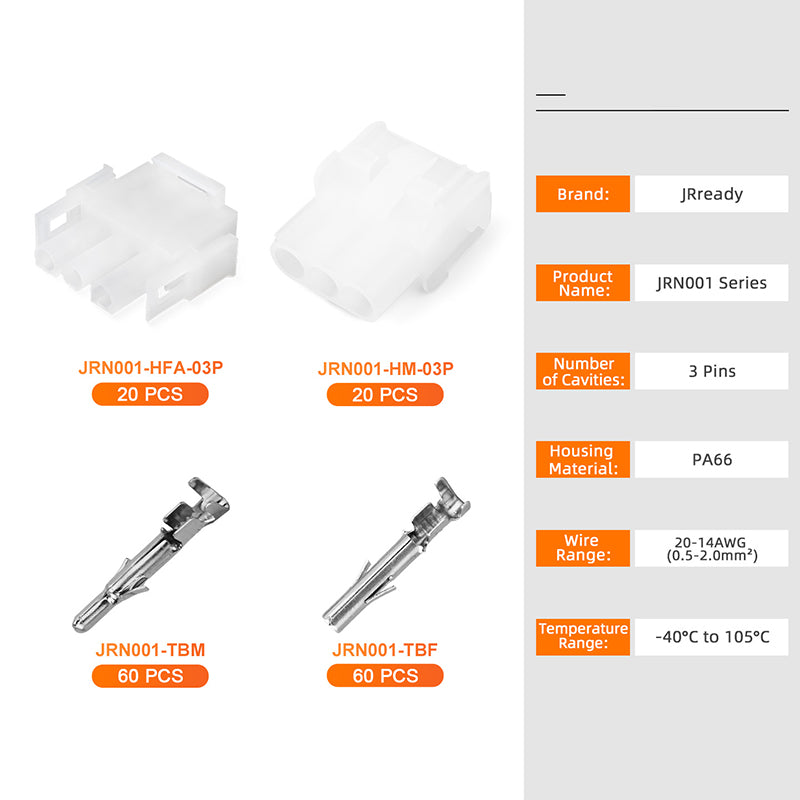 JRready MOLEX Connector JRN001 3 Pin (20Matched Sets), 2.13mm Diameter Sockets 14-20 AWG, Compatible with Molex MLX Power Connector, 6.35mm Pitch, Free Hanging(20 sets）