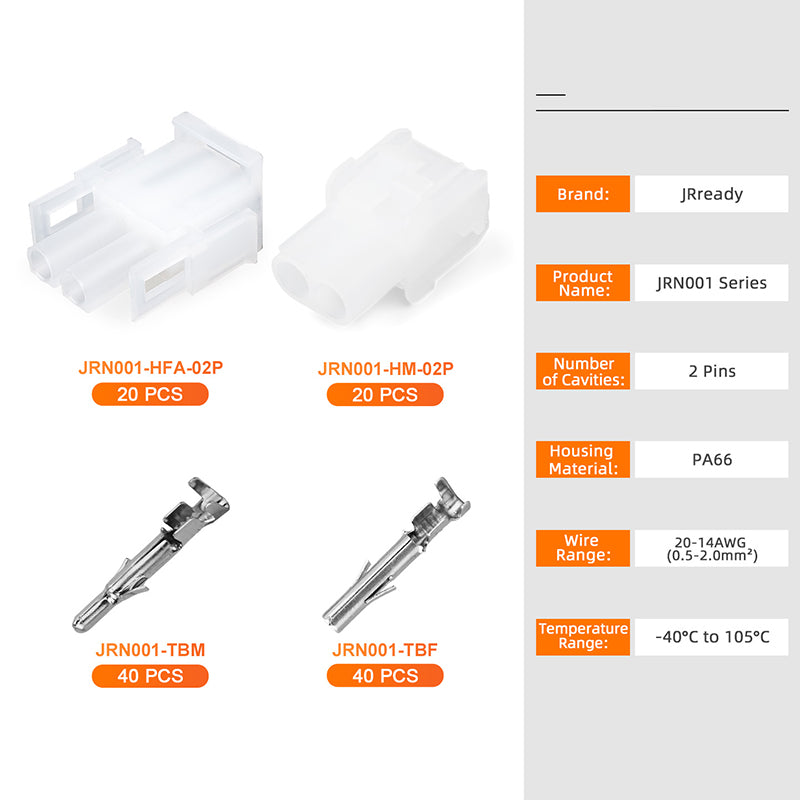 JRready MOLEX Connector JRN001 2 Pin (20Matched Sets), 2.13mm Diameter Sockets 14-20 AWG, Compatible with Molex MLX Power Connector, 6.35mm Pitch, Free Hanging(20 sets）