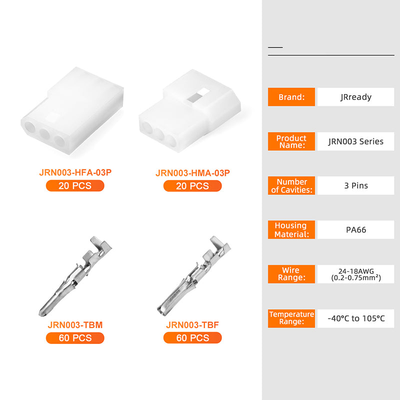 JRready JRN003 3 Pin 20Pairs Molex 1625 Series Standard .062 Series Male Female Receptable Plug Power Electrical Connectors 18-24AWG Crimp Terminal Contact Molex 03061032 03062032（20 sets）