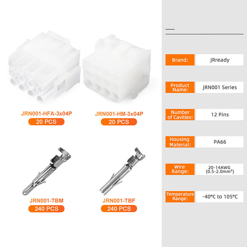 JRready MOLEX Connector JRN001 12 Pin (20Matched Sets), 2.13mm Diameter Sockets 14-20 AWG, Compatible with Molex MLX Power Connector, 6.35mm Pitch, Free Hanging(20 sets）