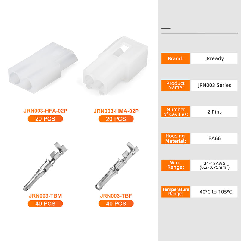 JRready JRN003 2 Pin 20Pairs Molex 1625 Series Standard .062 Series 2 Circuits Connector Housing 3.68mm Pitch Crimp Terminals 18-24AWG Pins Sockets Molex 03061023 03062023 Wire Connectors