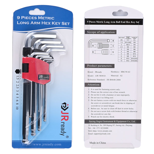 JRready AW-M0910 9 PIECES Allen Wrench Set with Ball End, 9 Metric Size: 1.5, 2, 2.5, 3, 4, 5, 6, 8, 10