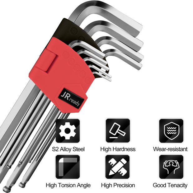 JRready AW-M0910 9 PIECES Allen Wrench Set with Ball End, 9 Metric Size: 1.5, 2, 2.5, 3, 4, 5, 6, 8, 10