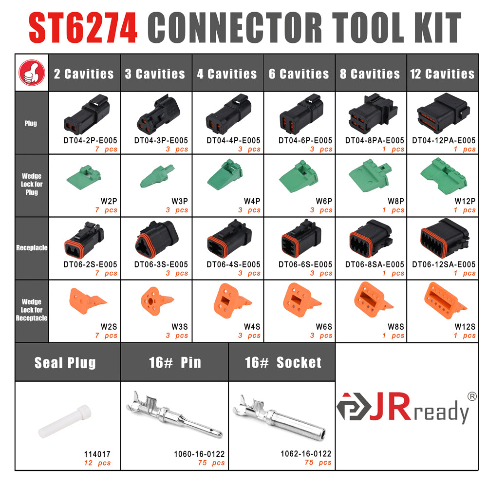 JRready ST6274 234 PCS Black DT Connector Kit, 2-12 Pin Waterproof Electronic Connectors with Stamped & Formed Contacts 14-18AWG