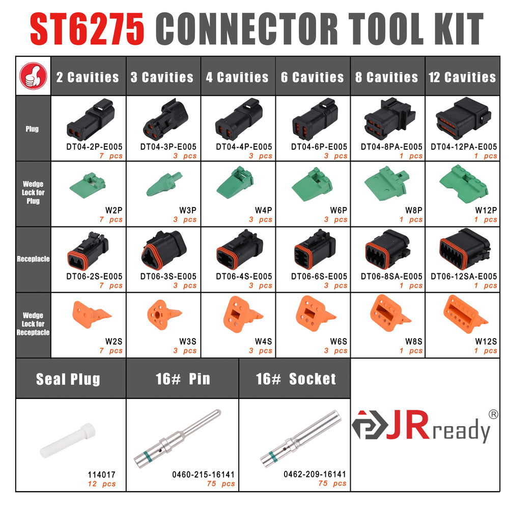 JRready ST6275 234 PCS Black DT Connector Kit, 2 3 4 6 8 12 Pin Waterproof Connectors with Solid Contacts 14-20 AWG