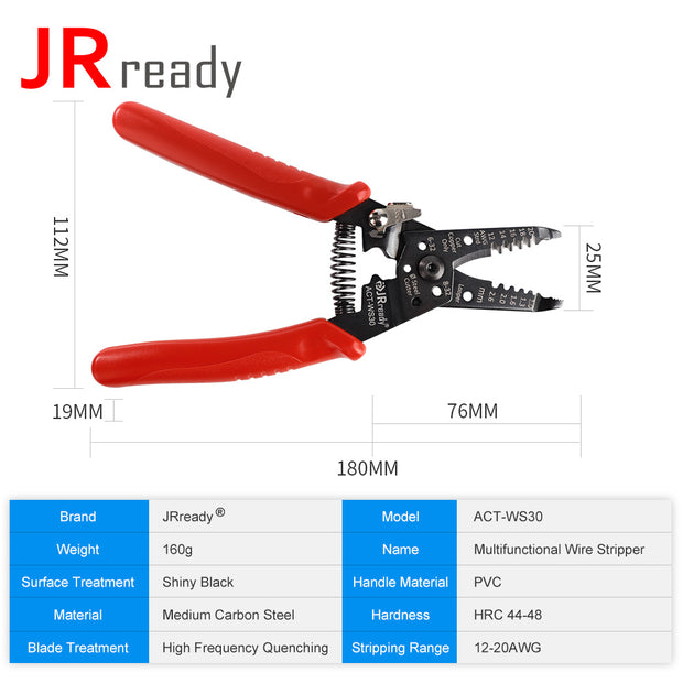 JRready ACT-WS30 Multifunctional Precision Wire Stripper Crimper Cutter, Strip Wire Solid 10-18 AWG, Stranded 12-20 AWG,Crimp 8-16 AWG Terminal, Cut Steel Wire