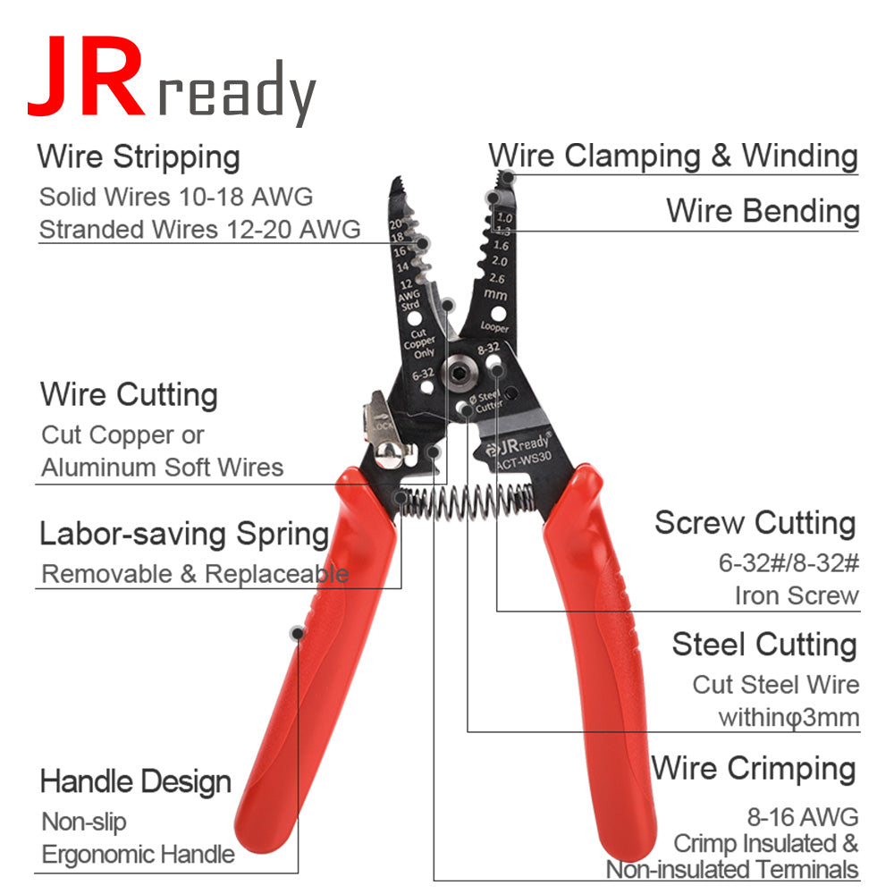 JRready ACT-WS30 Multifunctional Precision Wire Stripper Crimper Cutter, Strip Wire Solid 10-18 AWG, Stranded 12-20 AWG,Crimp 8-16 AWG Terminal, Cut Steel Wire