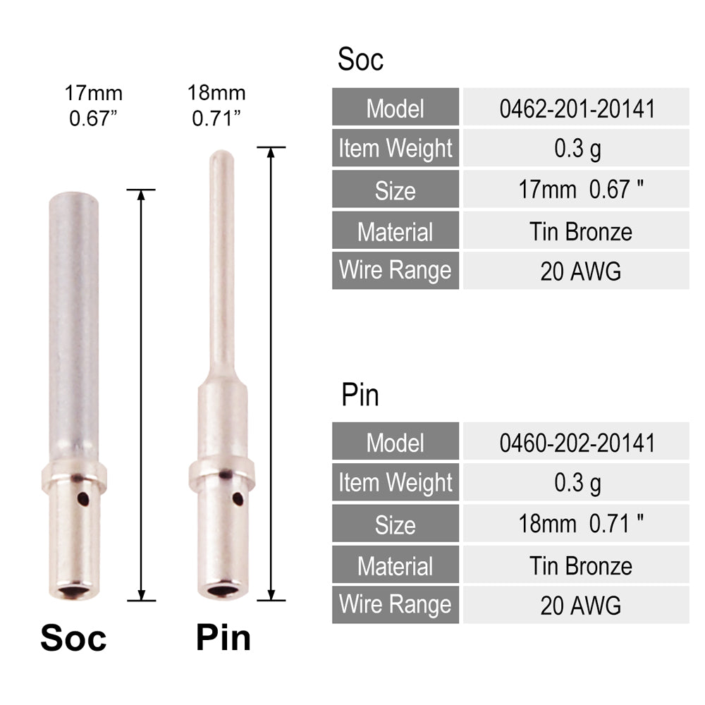 JRready ST6282 DTM Connector Deutsch Contact Size 20 Deutsch Closed Barrel Pins Sockets Kit, Male Pins 0460-202-20141 Deutsch DTM Solid Pins/Female Sockets 0462-201-20141, Wire Gauge 20-22 AWG(DTM 20# 120Pairs)