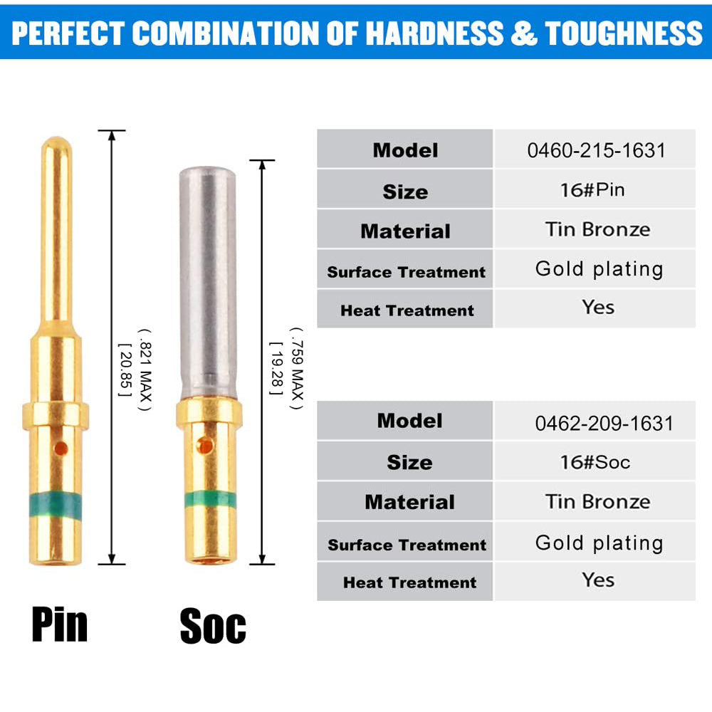 JRready ST6259 Gold-Plated DT Solid Contact Size 16: Male 0460-215-1631 and Female 0462-209-1631 for Deutsch DT Series Connector, 30 Pairs