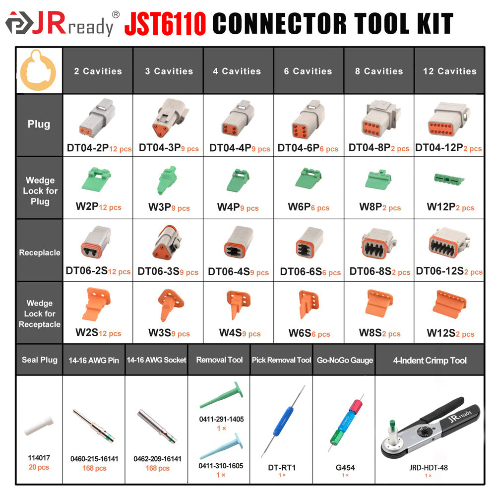 JST6110 JRready DT Connector Kit (Equivalent to Deutsch Connector Kit) 2-12 Pin Connectors Solid Terminals Contacts with JRD-HDT-48 Crimper (HDT-48-00) Wire Size 12-22AWG for Car, Motorcycle, Truck, Boats Repairing