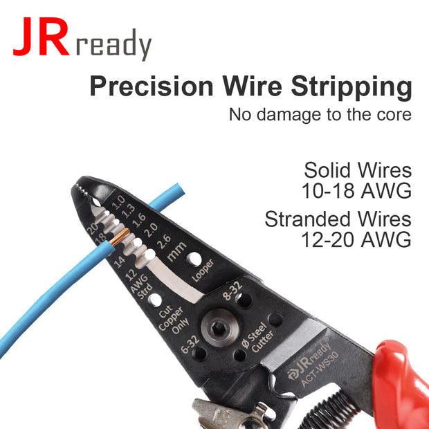 JRready ACT-WS30 Multifunctional Precision Wire Stripper Crimper Cutter, Strip Wire Solid 10-18 AWG, Stranded 12-20 AWG,Crimp 8-16 AWG Terminal, Cut Steel Wire