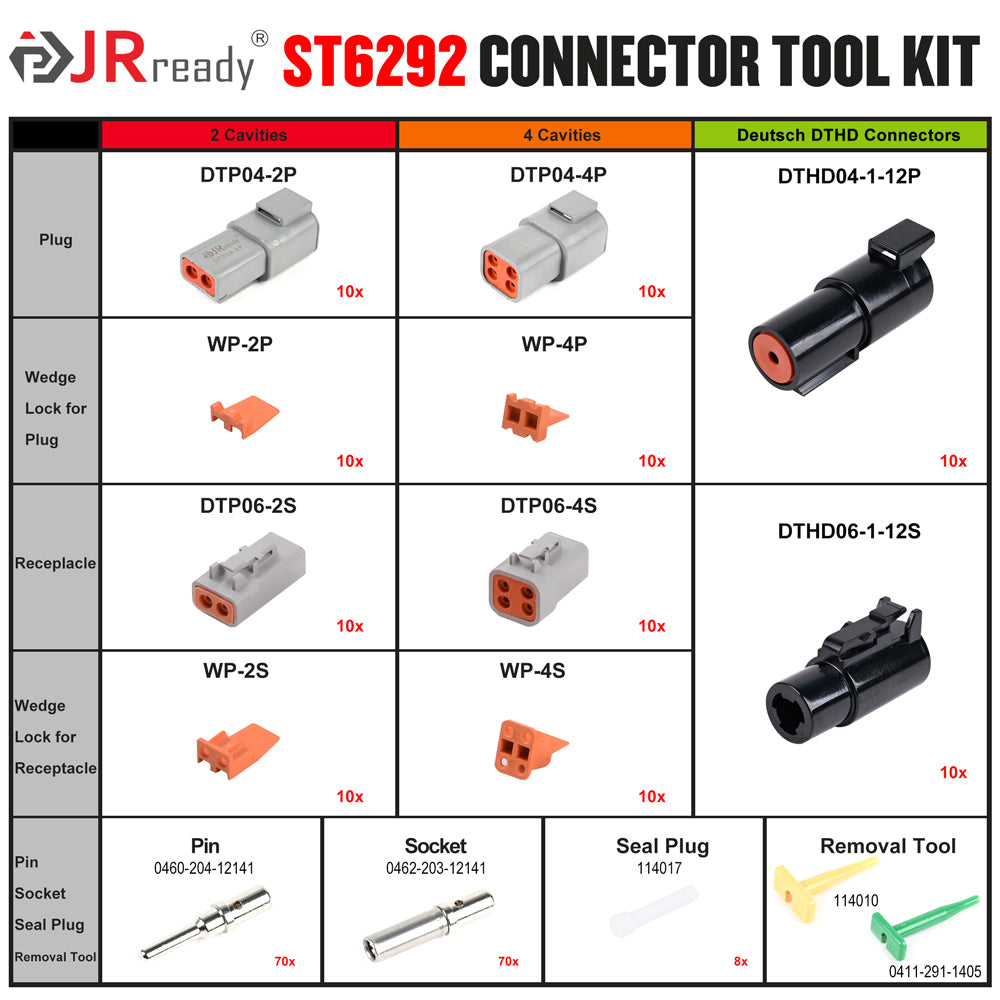 JRready ST6292 DTP Connector Kit  2 4 Pin and DTHD 1 Pin Connectors Automotive Electrical Connectors with Size 12 Solid Contacts Crimp Wire Gauge 12-14AWG,25A