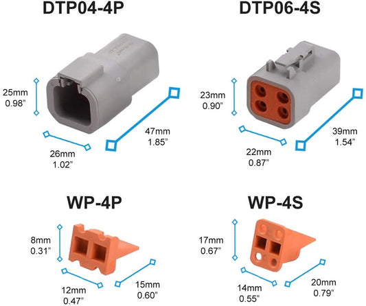 JRready ST6139 DTP Connector Kit 2 4 Pin Gray IP67 Waterproof Connectors Plug with 6 Pairs Solid Pin Sockets Current Rating 25 Amps (Size 12/Wire Range 14-12 AWG)