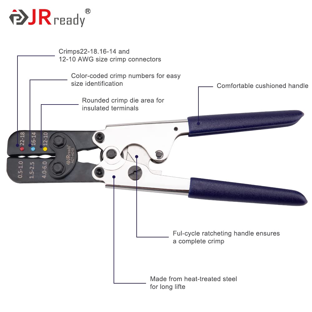 JRready ACT-AD10 Ratcheting Wire Crimper for Heat Shrink connectors, Insulated Terminals and Butt splices in Wire 22-18, 16-14, 12-10AWG