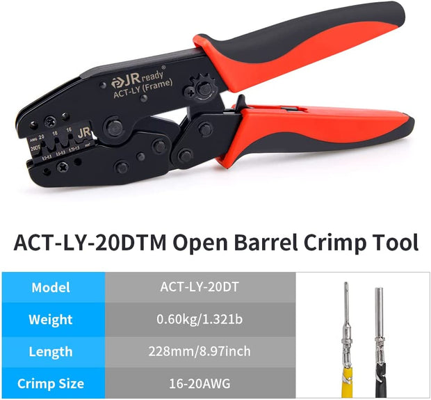 JRready ACT-LY-12DTP / ACT-LY-16DT / ACT-LY-20DTM Open Barrel Terminal Crimper for JRready / Deutsch DTP DT DTM Series 12#, 16#, 20# Stamped Formed Contacts