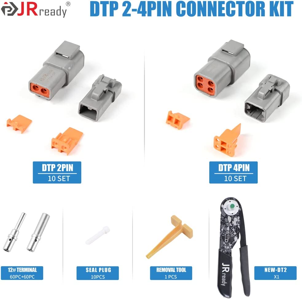 JRready ST6336 202pcs Deutsch DTP Connector Kit: 2 Pin 4 Pin IP67 Waterproof Connectors,With Size 12 Solid Contacts & NEW-DT2 Deutsch Crimper