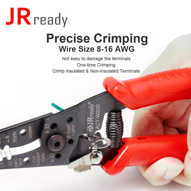JRready ACT-WS30 Multifunctional Precision Wire Stripper Crimper Cutter, Strip Wire Solid 10-18 AWG, Stranded 12-20 AWG,Crimp 8-16 AWG Terminal, Cut Steel Wire