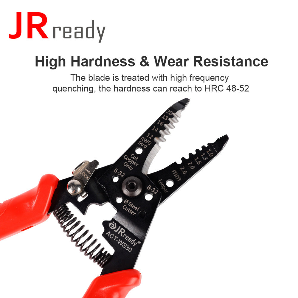 JRready ACT-WS30 Multifunctional Precision Wire Stripper Crimper Cutter, Strip Wire Solid 10-18 AWG, Stranded 12-20 AWG,Crimp 8-16 AWG Terminal, Cut Steel Wire