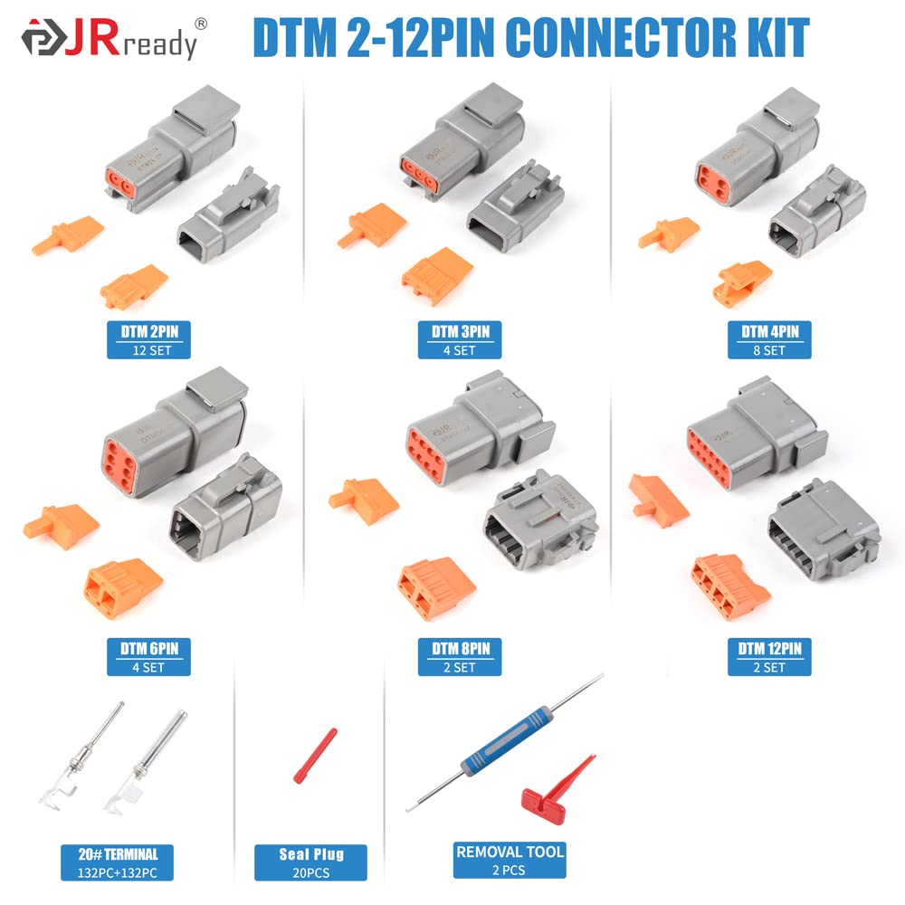 JRready ST6331 414PCS Deutsch DTM Connectors kit,2-12 Pin Gray Waterproof DTM Connector, Size 20 Stamped Pin Sockets(16-22 AWG), Seal Plugs