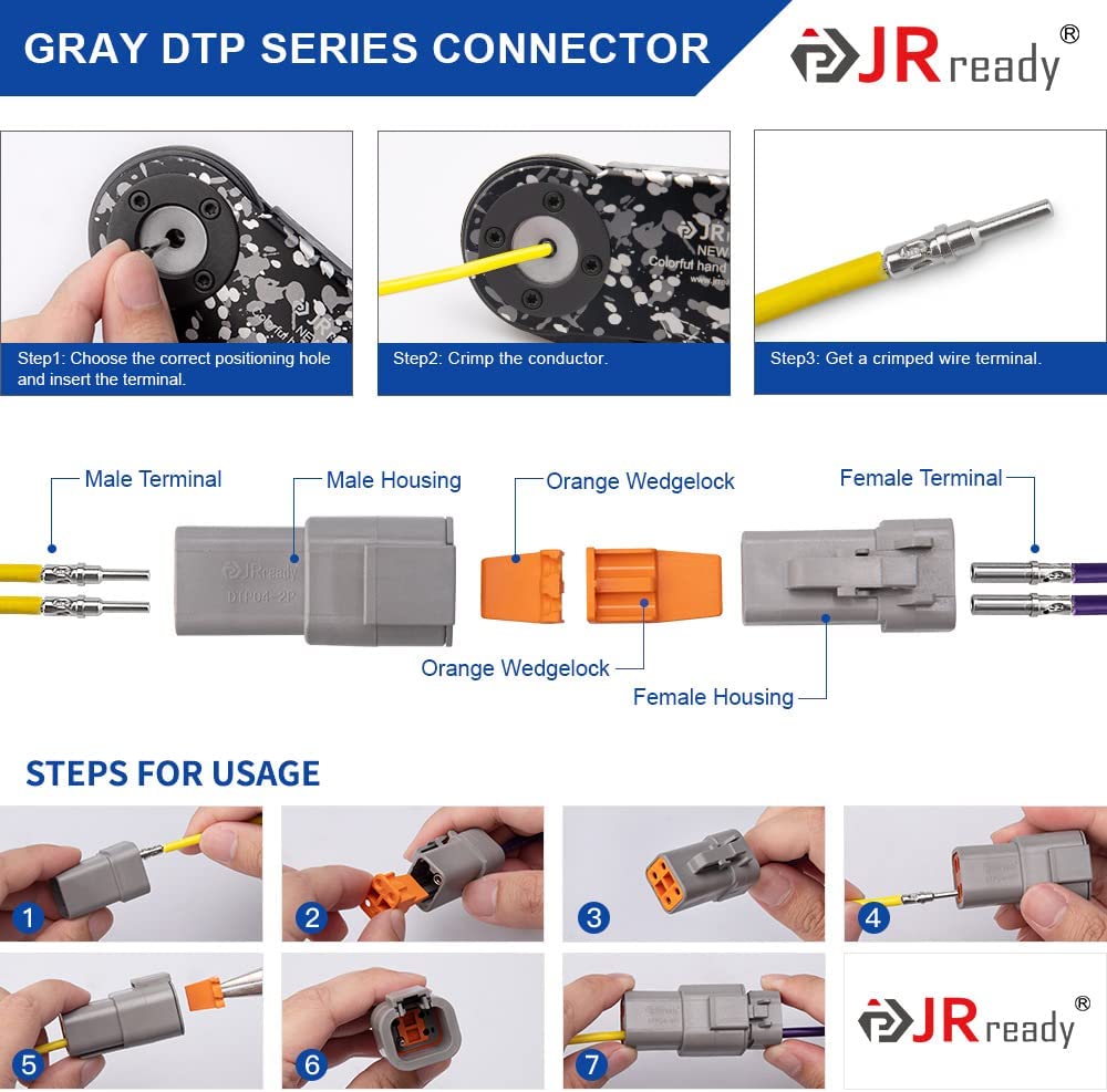 JRready ST6335 DTP Connector Kit, 2 Pin, 4 Pin Waterproof Electrical Connector with Size 12 Solid Contacts Pin Sockets, Current Rating 25 Amps