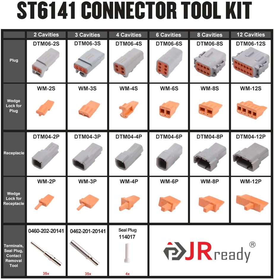 JRready ST6141 DTM 2-12 Pin IP67 Waterproof Connector with 35 Pairs Solid Contacts Pin Sockets Size 20/Wire Range 20-22 AWG