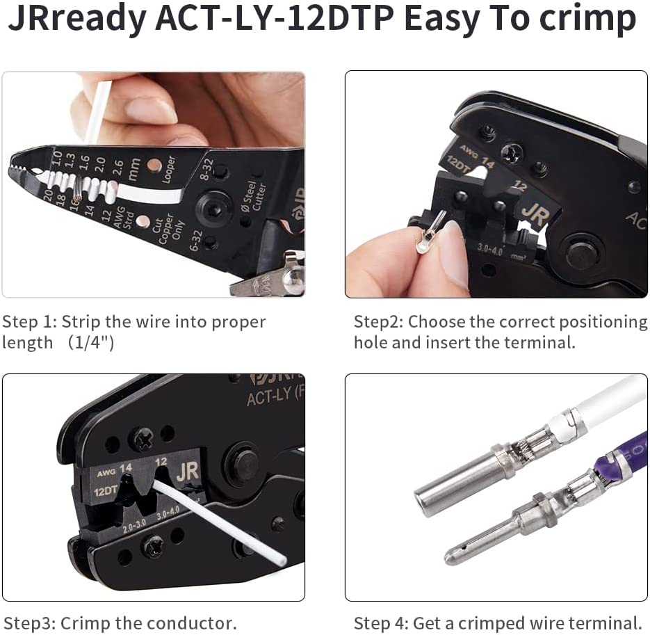 JRready ACT-LY-12DTP / ACT-LY-16DT / ACT-LY-20DTM Open Barrel Terminal Crimper for JRready / Deutsch DTP DT DTM Series 12#, 16#, 20# Stamped Formed Contacts