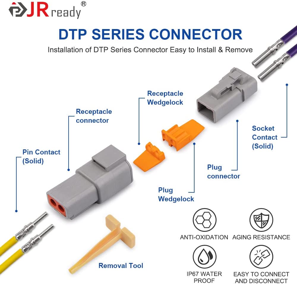 JRready ST6335 DTP Connector Kit, 2 Pin, 4 Pin Waterproof Electrical Connector with Size 12 Solid Contacts Pin Sockets, Current Rating 25 Amps