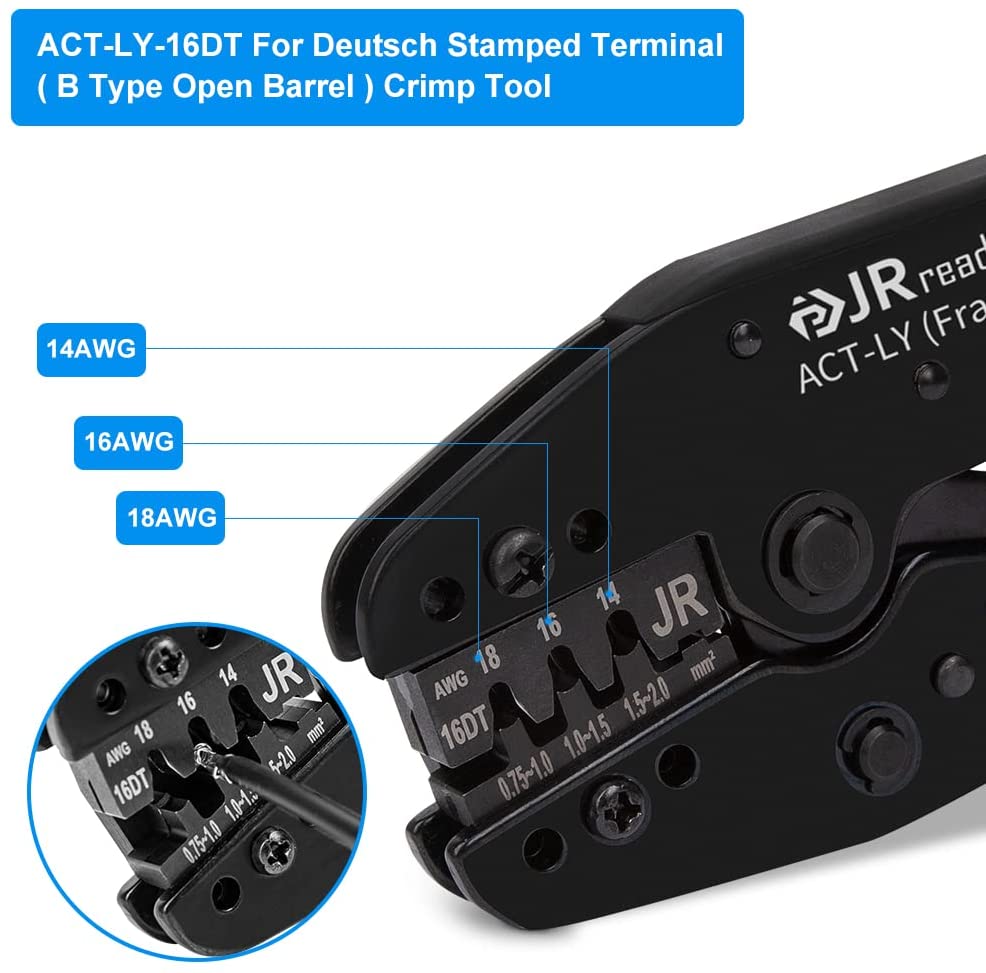 JRready ACT-LY-12DTP / ACT-LY-16DT / ACT-LY-20DTM Open Barrel Terminal Crimper for JRready / Deutsch DTP DT DTM Series 12#, 16#, 20# Stamped Formed Contacts