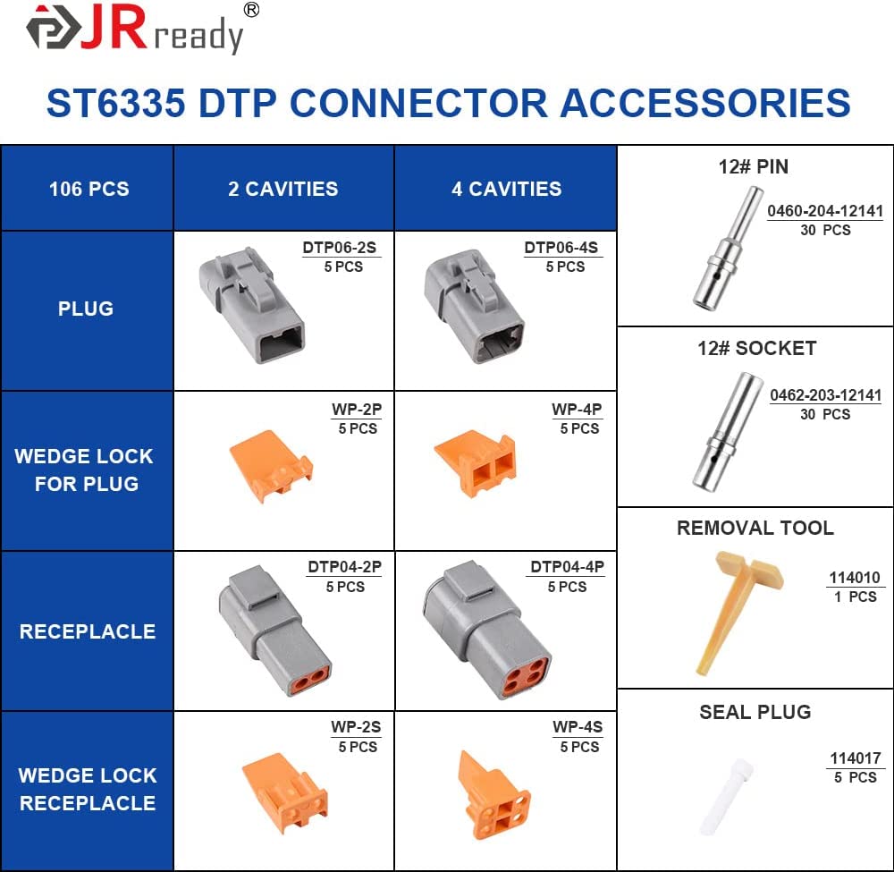 JRready ST6335 DTP Connector Kit, 2 Pin, 4 Pin Waterproof Electrical Connector with Size 12 Solid Contacts Pin Sockets, Current Rating 25 Amps