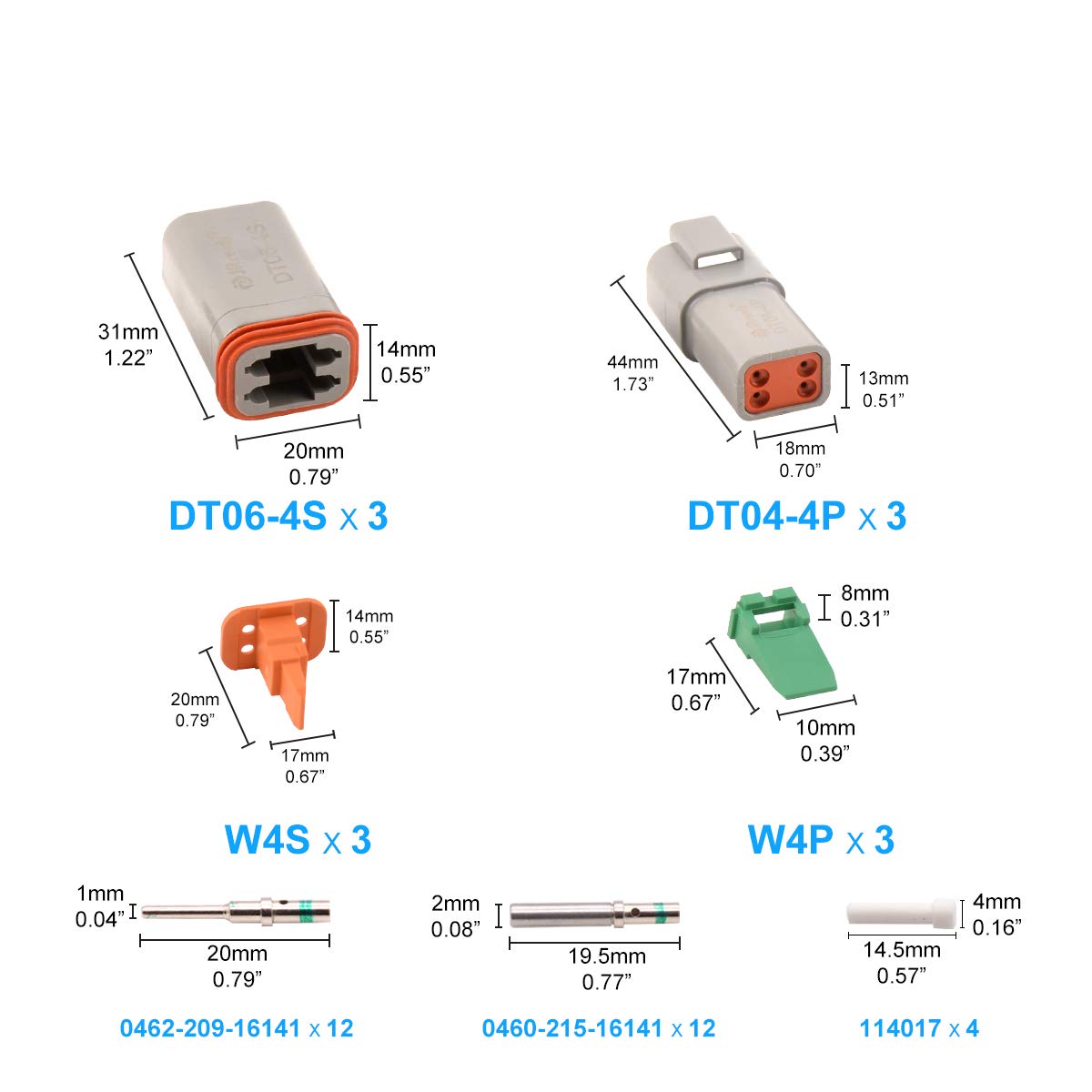 JRready ST6114 DT Connector 4 Pin Connector Gray Waterproof Electrical with Size 16 Solid Contacts and Seal Plug, 3 Pairs