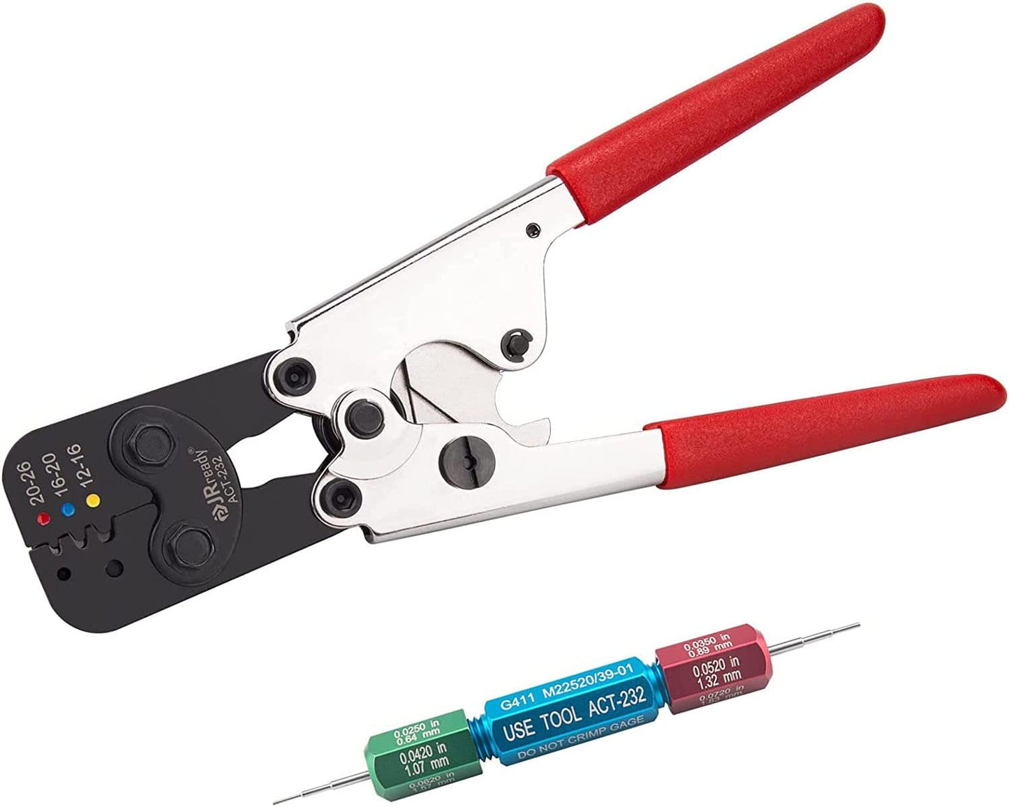 JRready CRIMP TOOL KIT: ACT-232(RED) (M22520/37-01 AD-1377) Crimp Tool & G411 Gage (M22520/39-01)  for Crimping M81824/1,6,7,8,9,10,11,13,14 Heat Shrinkable Splices