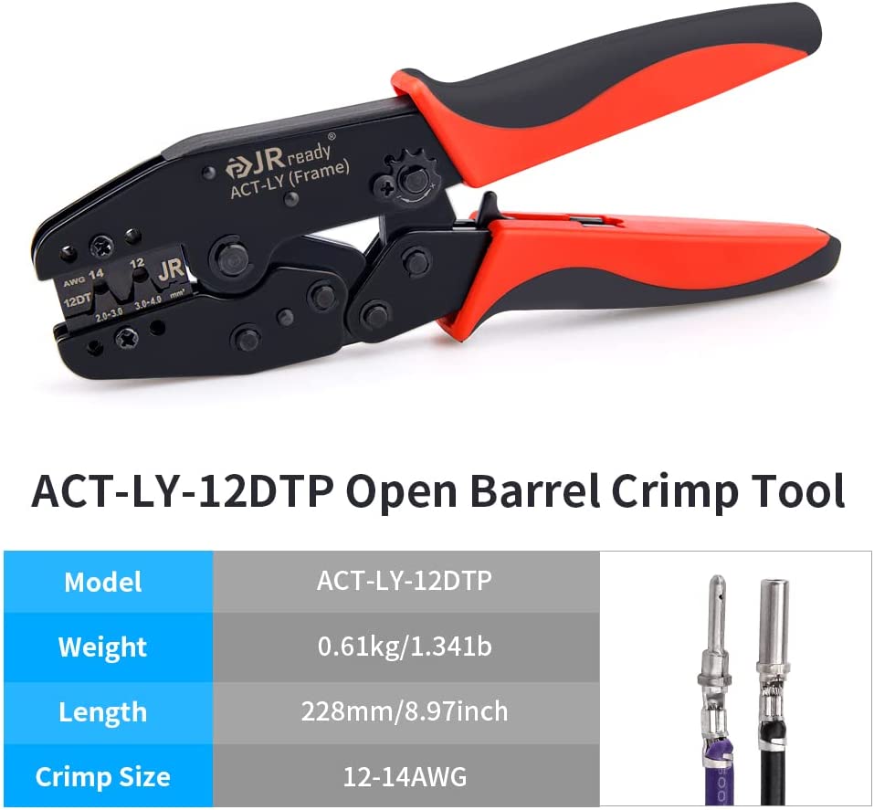 JRready ACT-LY-12DTP / ACT-LY-16DT / ACT-LY-20DTM Open Barrel Terminal Crimper for JRready / Deutsch DTP DT DTM Series 12#, 16#, 20# Stamped Formed Contacts